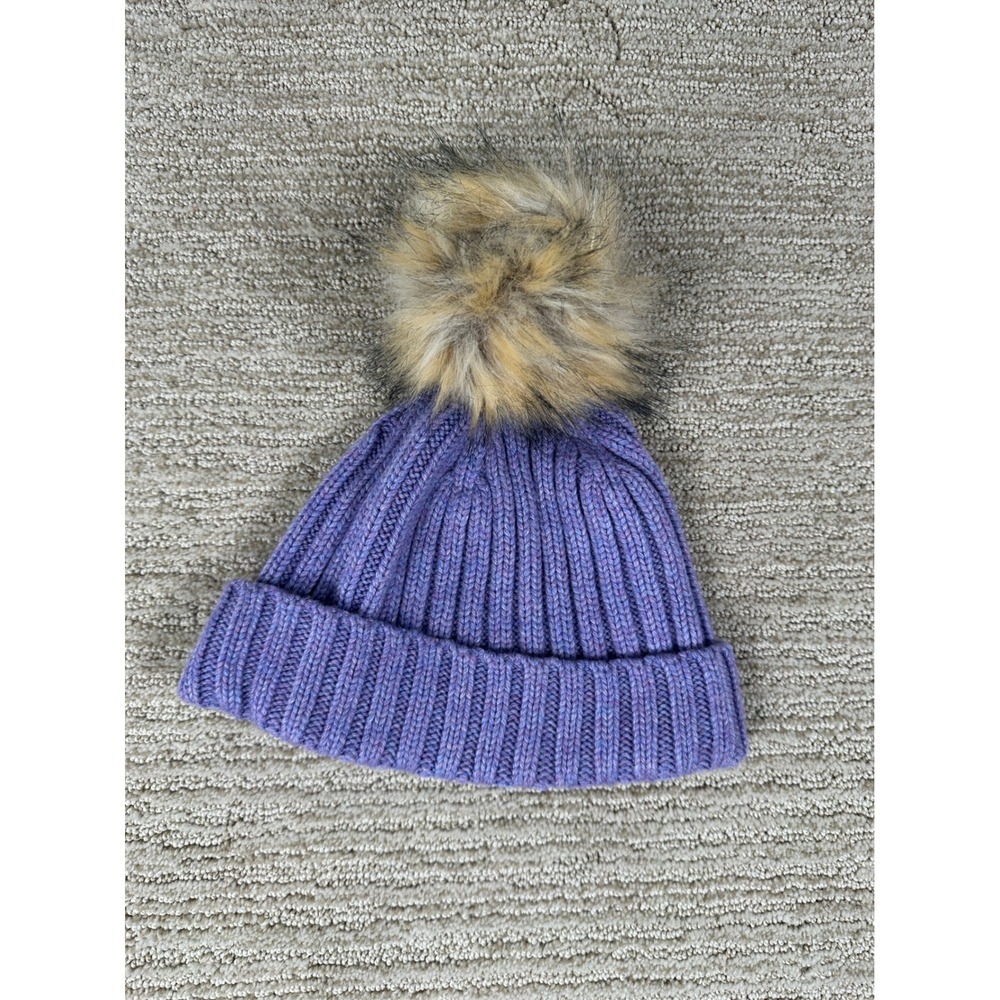 J.Crew Purple Ribbed Knit Beanie Faux Fur Pom Wool Blend Winter Hat One Size